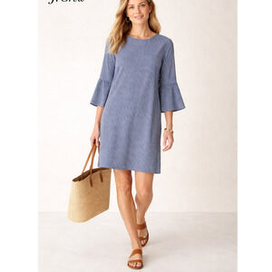 J Crew 10 Striped 100% Cotton Sheath Dress $138 Bell Sleeves Denim Blue White